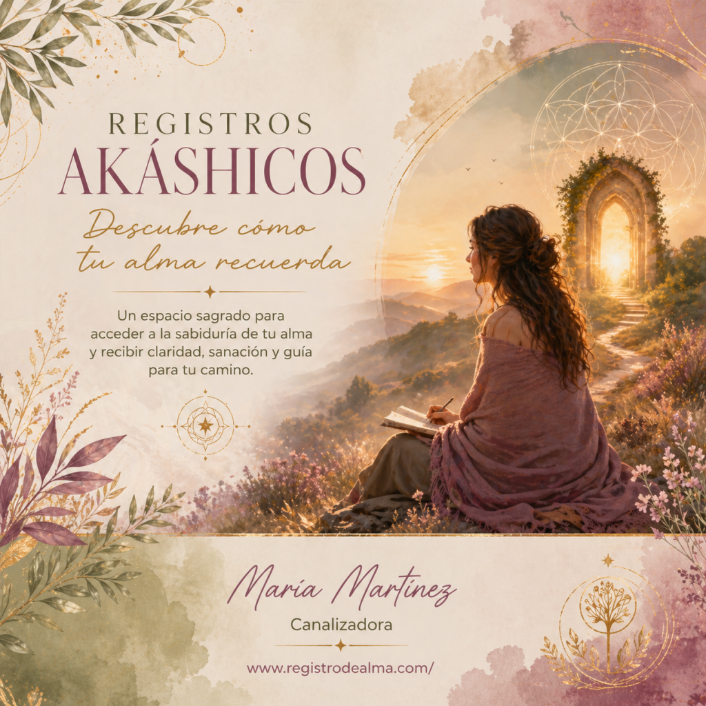 Mujer contemplando una puerta de luz dorada entre flores, ilustración de Registros Akáshicos de María Martínez canalizadora